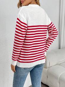 SHEIN LUNE Áo len dài tay họa tiết trái tim sọc màu tương phản thường ngày cho nữ - trắng - Xem 2