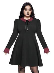 ROMWE Goth 大码女式哥特式蝙蝠领系带拼色 A 字腰连衣裙 - 黑色 - 查看 2