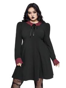 ROMWE Goth 大码女式哥特式蝙蝠领系带拼色 A 字腰连衣裙 - 黑色 - 查看 5