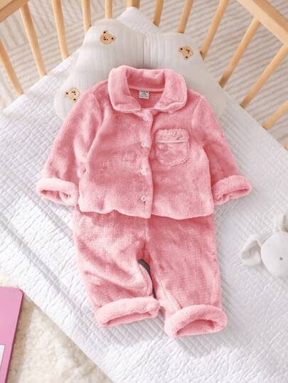 SHEIN 2pcs Baby Girls Casual Collar Embroidered Pocket Long Sleeve Sleepwear & Pants Set, Soft Brushed Flannel Autumn/Winter