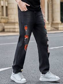 Manfinity Homme Men's Casual Acid Wash Distressed Tapered Jeans - Black - View 6