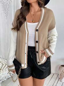 SHEIN Clasi 大码女式条纹装饰口袋开衫毛衣商务休闲女士、工作服、秋季婚礼宾客礼服，适合冬季 - 卡其色 - 查看 7