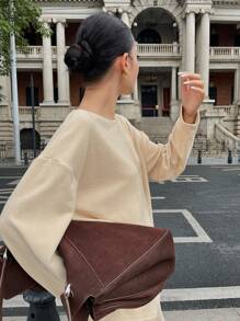 INAWLY Bộ 2 món cỡ lớn: Áo và chân váy màu trơn, trang phục thường ngày cho mùa thu và đông - Màu Mù tạt vàng - Xem 3