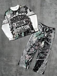 Manfinity EMRG Men's Autumn Letter & Branch Print Crew Neck Long Sleeve Sweatshirt And Sweatpants Casual Loose Suit - Olive Green - View 1