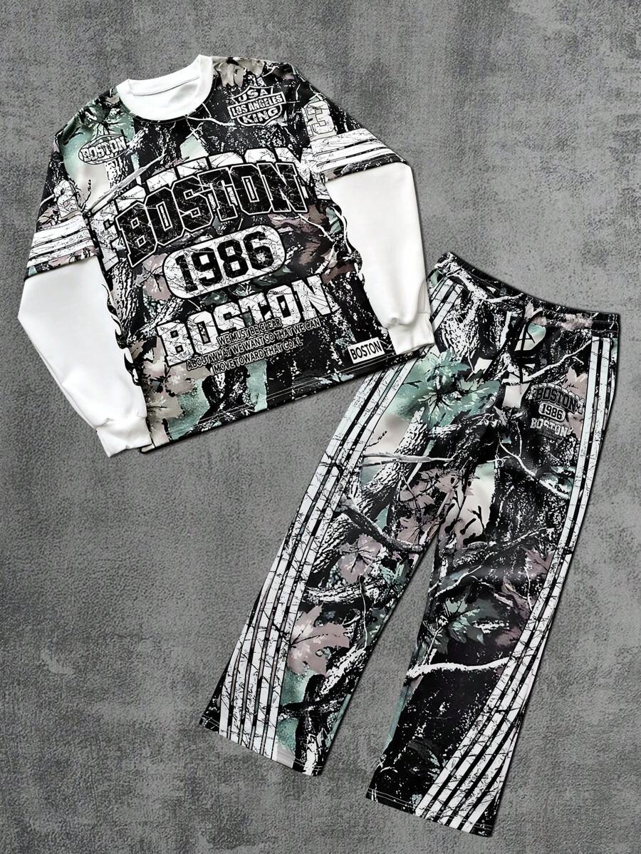 Manfinity EMRG Men's Autumn Letter & Branch Print Crew Neck Long Sleeve Sweatshirt And Sweatpants Casual Loose Suit - Olive Green - View 1