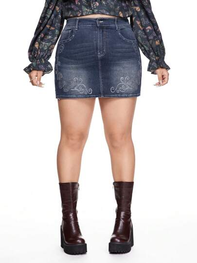 Hippie Plus Size Hipie Luxurious Butterfly & Rhinestone Embellished Denim Mini Skirt