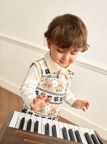 SHEIN 2pcs Baby Boys 0-3 Years Old Warm Autumn/Winter Classic Gentleman Style Elegant Striped Teddy Bear Khaki 2 In 1 Shirt Collar Sleeveless Vest 2 In 1 Top + Long Sleeve Outfit Set, Suitable For Outing - Khaki - View 4