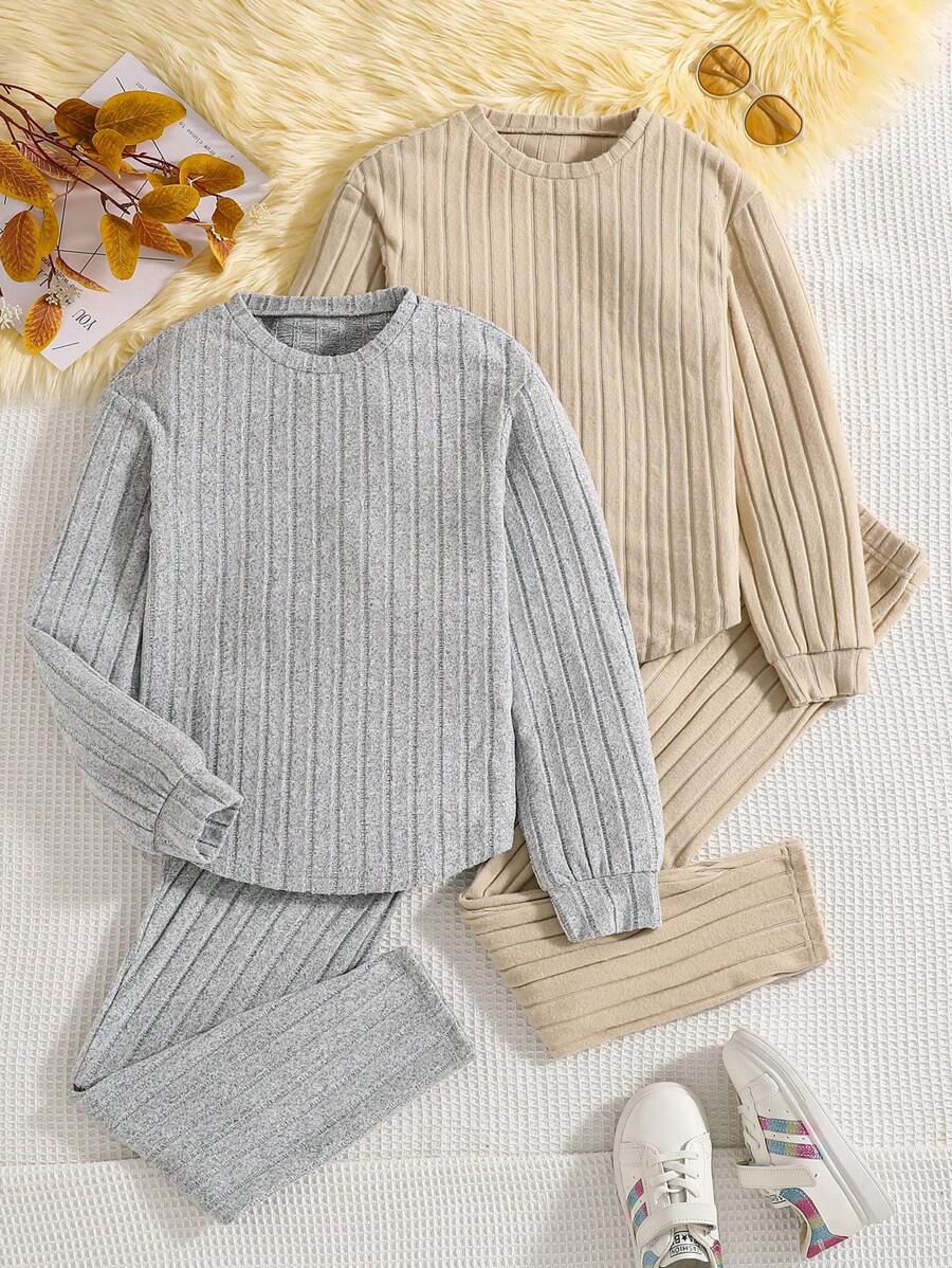 Sparklyn 2 件套 Tween Girls 休闲针织毛绒面料上衣和紧身裤 - 彩色 - 查看 1