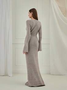 Enchnt Women's Elegant Solid Color 3D Floral Decoration Trumpet Sleeve Maxi Sweater Dress, Christmas Sweater, Party Dress, Thanksgiving Women's Dress, Christmas Dress, Autumn And Winter Women's Dress, Church Dress - Grey - View 5