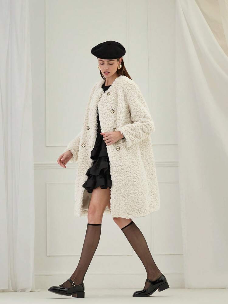 여성 솔리드 컬러 부드러운 버튼다운 긴팔 라운드넥 캐주얼 롱 자켓, 일상복, 업무복, 가을 여성복, 겨울 여성복, 빈티지 퍼