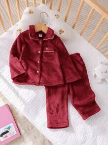 SHEIN 2 件装女婴休闲刺绣口袋长袖领睡衣套装，柔软蓬松法兰绒，秋冬 - 紅色 - 查看 4