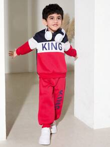 SHEIN 2pcs/Set Boys Casual Colorblock Letter Print Hoodie And Sweatpants Set For Autumn/Winter