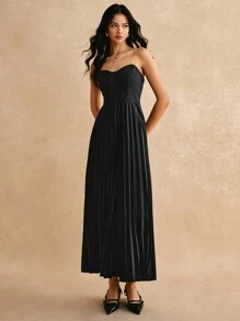 Poéselle Women's Solid Color Pleated Tube Top Elegant Sleeveless Jumpsuit