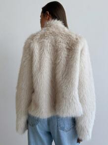 Aloruh Women Stand Collar Fitted Long Sleeve Fluffy Button Apricot Jacket, Warm For Autumn/Winter - Apricot - View 2