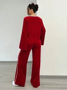 SHEIN EZwear 2pcs New Year Women Velvet Tie Front Long Sleeve Top And Pants Set