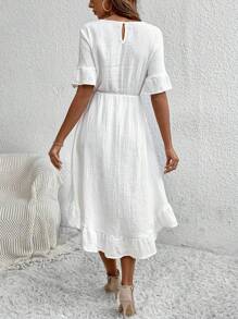 EMERY ROSE 1pc Flounce Sleeve Ruffle Hem Dress Without Belt - White - View 2