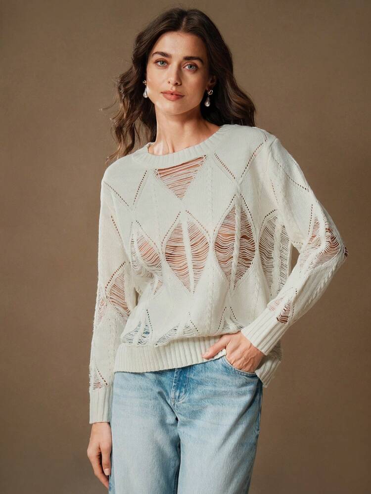 Women Casual Oversized Design Hollow Out Knit Pullover Sweater Knit Pullover Fall Winter