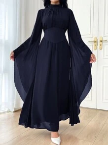 Modelyn 女士休闲时尚阿拉伯风格朴素长袖连衣裙适合日常穿着长款晚礼服 - 藏蓝色 - 查看 1