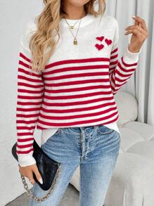 SHEIN LUNE Áo len dài tay họa tiết trái tim sọc màu tương phản thường ngày cho nữ - trắng - Xem 4