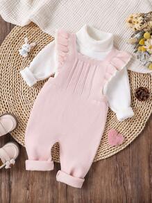 SHEIN Vintaside Kids 女宝宝蓝色背带裤保暖舒适连体裤，时尚休闲秋冬季款，适合日常生活、外出和旅行 - 粉色 - 查看 1