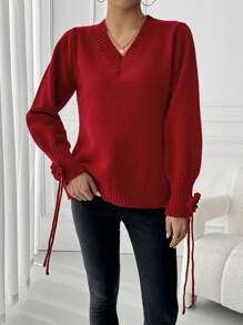 Chiquease 女士红色 V 领贴花休闲百搭长袖套头毛衣、圣诞毛衣、女士冬装新年服装 - 紅色 - 查看 4