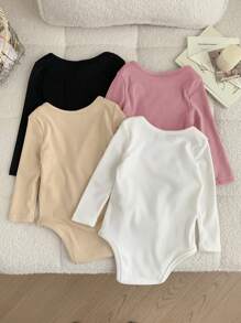 SHEIN LMoss Kids 4pcs LMoss Newborn Baby Girl Knit Elastic Solid Color Open Crotch Bodysuit Set, Autumn/Winter , Basics - Multicolor - View 2