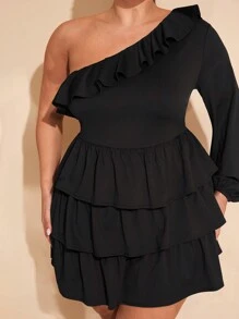 SHEIN BAE Plus Size Women Autumn Winter Solid Black Asymmetric One Shoulder Tiered Ruffle Long Sleeve Mini Sun Dress, Elegant Dress, Party Dress, Festival Dress, Short Dress, Birthday Party Dress, Evening Out Dress, Prom Dress, Date Dress