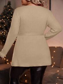 SHEIN LUNE 大码女式纯色V领长袖休闲套头毛衣，适合秋冬季穿着。 - 卡其色 - 查看 2