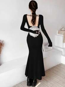 INAWLY 1pc Women Solid Color Boat Neck Slim Fit Elegant Long Sleeve Long Dress Fall Cloth For Women - Black - View 5