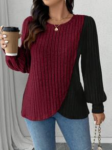 SHEIN LUNE 大码女式圆领长袖拼色罗纹休闲T恤，秋季图案T恤女式春季上衣 - 彩色 - 查看 7