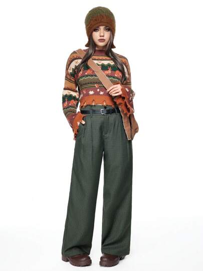 Fairycore Pantalon femme taille haute à carreaux rétro, à double couche avec ceinture