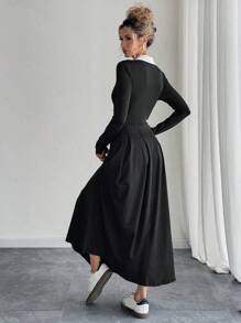 Chiquease 合身 V 领撞色长袖中长连衣裙，优雅腰部设计 - 黑色 - 查看 2