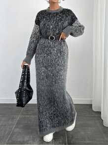 RueChic 毛绒花卉印花长袖宽松针织毛衣连衣裙