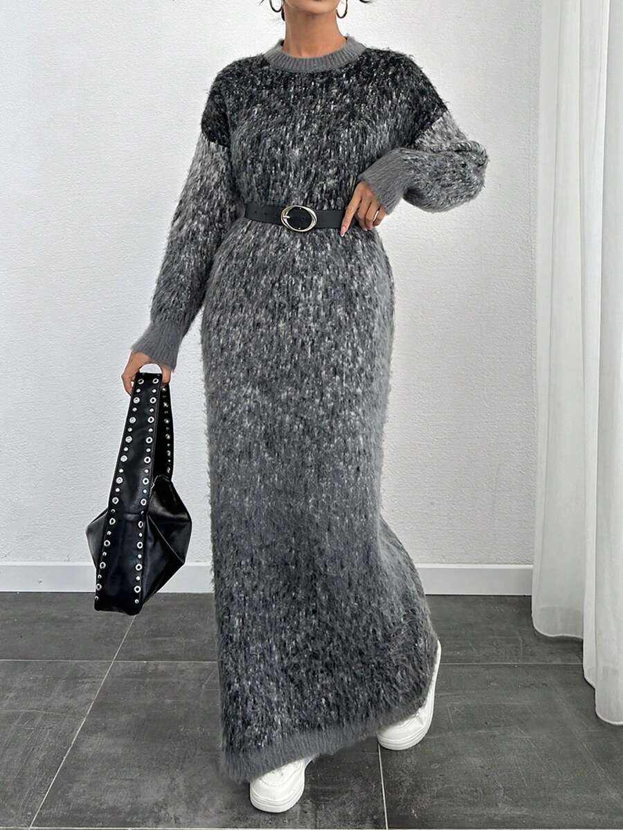 RueChic 毛绒花卉印花长袖宽松针织毛衣连衣裙