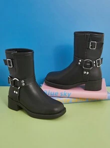 Mini mi 畅销儿童黑色厚底摩托靴，带双扣带和金色五金配件，舒适方头，日常款式 - 黑色 - 查看 5