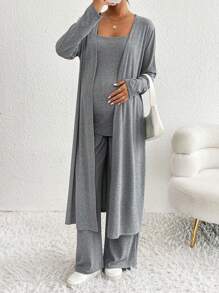 SHEIN 3pcs Maternity Casual Elegant Set: Camisole, Long Pants, Long Open Cardigan