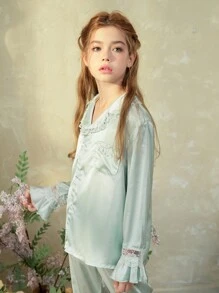 Bộ 2 món/bộ cho bé gái tuổi teen thanh lịch vải họa tiết hoa áo tay raglan và quần dài, đồ mặc ở nhà - Màu xanh Bạc hà - Xem 5