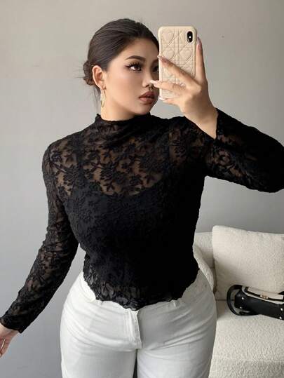 Dazy Petite Plus 大码立领蕾丝网眼性感打底上衣，黑色，春夏透明长袖女式上衣