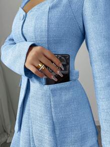 SHEIN Unity 2 件套女士套装 - V 领粉色修身西装外套 + 百褶裙，适合秋季 - 藍色 - 查看 7
