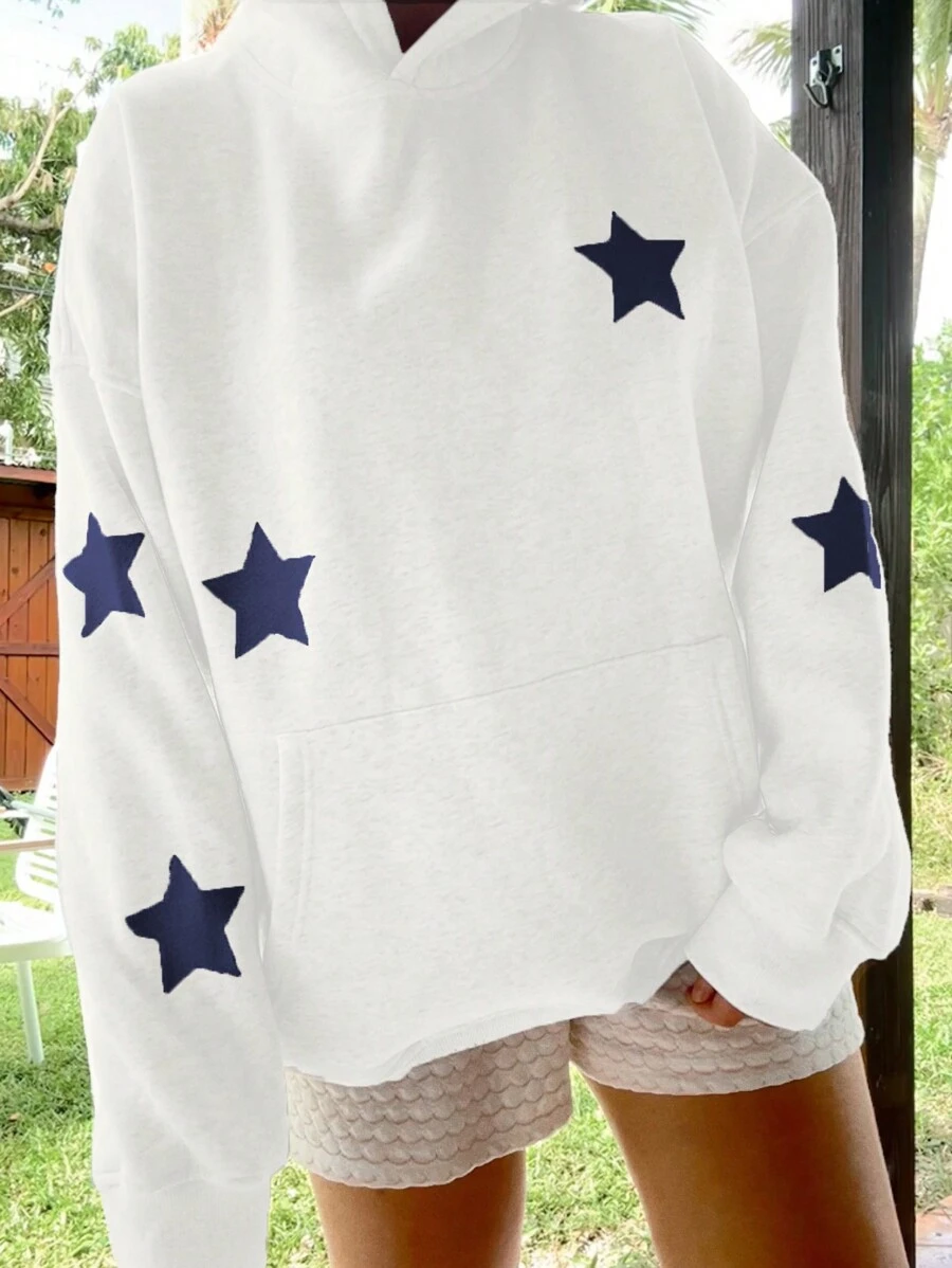 INAWLY Áo hoodie dài tay in hình ngôi sao mùa thu cho nữ có túi - trắng - Xem 1