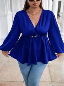 SHEIN CURVE+ Áo sơ mi peplum tay loe cổ chữ V màu xanh cỡ lớn cho nữ - Màu xanh lam - Xem 6