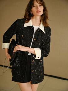 MOTF STUDIO TWEED CONTRAST COLLAR AND CUFF COAT FOR AUTUMN/WINTER - Black and White - View 3