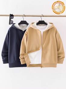 SHEIN Leap Crew 2pcs Tween Boy Thermal Lined Zip-Up Sweatshirt Jacket Set - Khaki - View 1