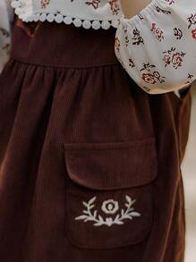 SHEIN 2 pièces Top à manches longues avec col volant fleuri et robe en velours côtelé brodée, tenue pour bébé fille. Automne/Hiver - Marron - Voir 7