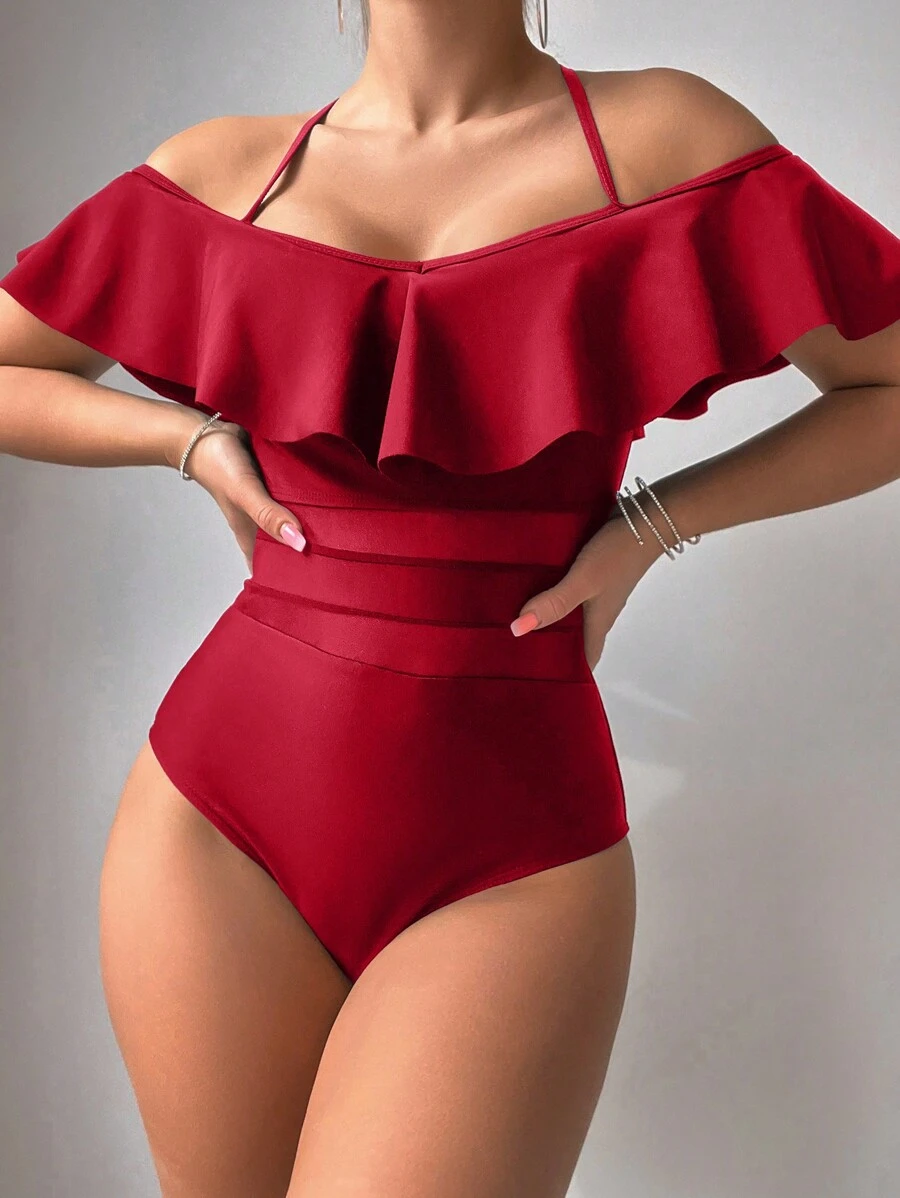 SHEIN Swim 1pc Women's Ruffled Cold-Shoulder Halter One-Piece Swimsuit Red Swimsuit Summer - Red - View 1