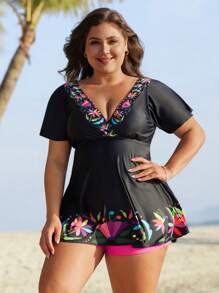 SHEIN Plus Size Short Sleeve Printed Split Tankini For Women Summer - Multicolor - View 4