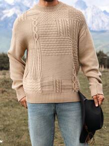 Manfinity Homme 男士休闲落肩圆领拼色长袖毛衣，适合秋冬季、徒步旅行、朋友聚会