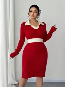 Celure Plus Size Women Fitted Contrast Color Collared Split Sweater Dress, Autumn/Winter For New Year Clothes