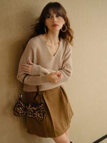 MOTF STUDIO 麂皮褶饰扣腰带半身裙 - 咖啡棕 - 查看 4