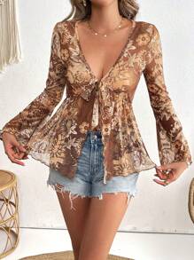 SHEIN VCAY 女士休闲花卉印花喇叭袖透视衬衫，适合度假 - 彩色 - 查看 1